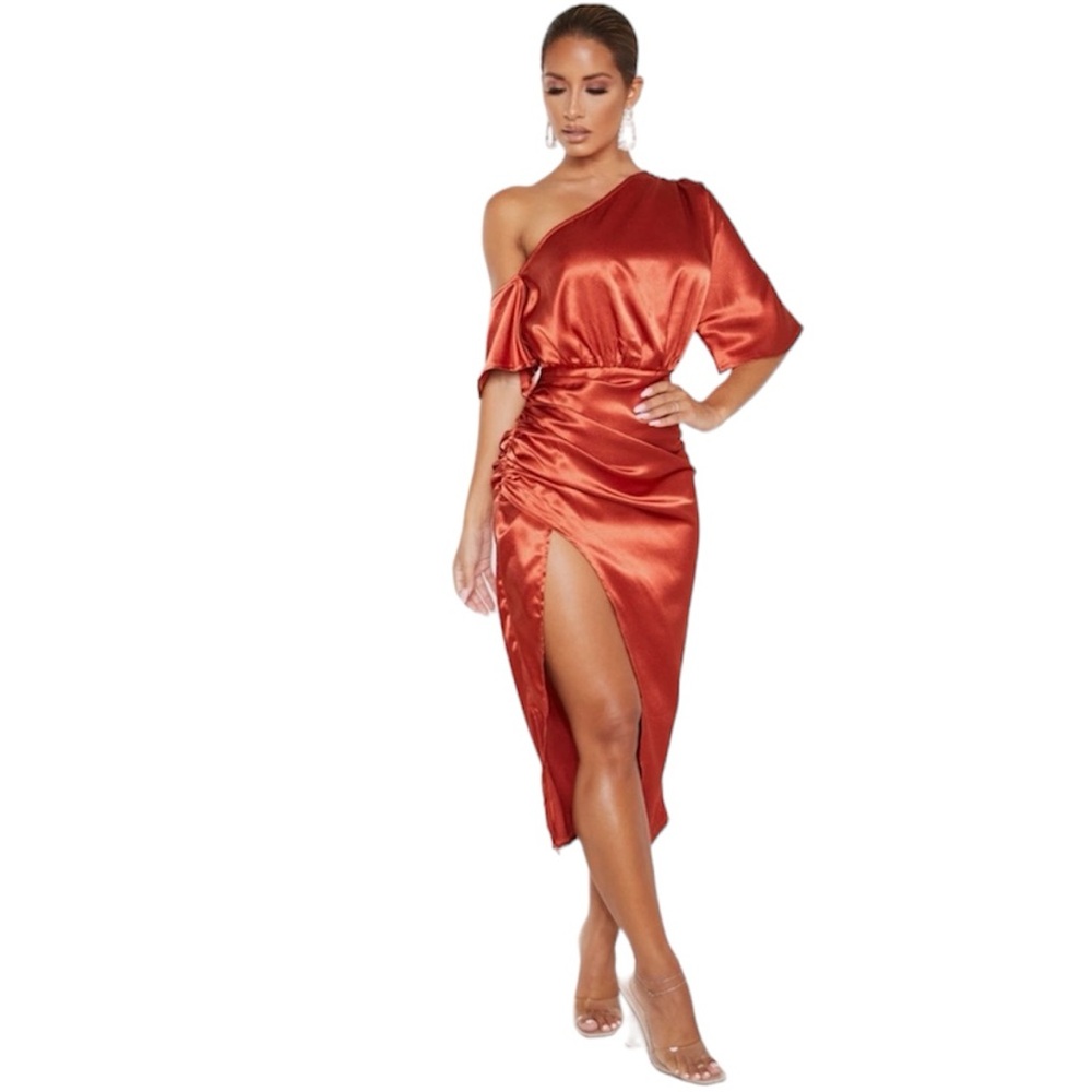 PrettyLittleThing One Shoulder Ruched Skirt Dress / Size 4 / Rust Satin - Picture 3 of 5